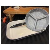 Two Enamel, Divided Cooking Skillet, and Loaf Pan