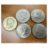FIVE Kennedy Half Dollars Fifty Cent Pieces. One