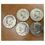 FIVE Kennedy Half Dollars Fifty Cent Pieces. TWO