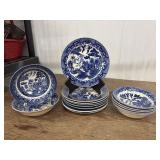 15 Blue willow Saucers, and Various Size Bowls.