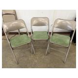 3 Tan w/Green Seat Metal Folding Chairs