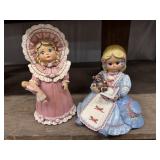 2 Ceramic Girl Figurines in Pink & Blue Dresses