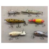 6 Wooden Fishing Lures, Unknown Brands