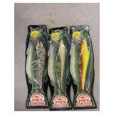 Three Vintage Poe's Super Cedar fishing lures,