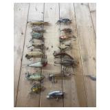 16 Vintage Wooden Fishing Lures, Various Brands.