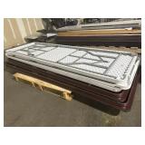 BUNDLE OF SEVEN 8ft TABLES. THREE ARE PLASTIC