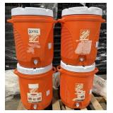 FOUR Rubbermaid 10-Gallon Orange Water Coolers