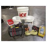MISC BUNDLE. BUCKETS, SCREWS, RATCHET STRAPS,