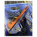 Blue Crate of tools Pipe wrenches, Cutters, Pliers