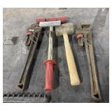 4 HAND TOOLS MALLET, PIPE WRENCHES ETC.