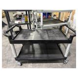 SMALL BLACK PLASTIC ROLLING CART. DOUBLE HANDLE.