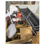 HUGE BOX OF MISC ITEMS. BLACK METAL SHELVING