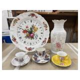 Limoges Floral China Plate Clock, 3 Small Teacup