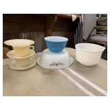 Milk Glass Dishes, Blue Pyrex Bowl, Etc.