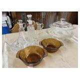 Pyrex Dishes, 3 Cruets, Fire King Amber Bowls,