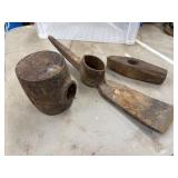 Antique metal tool heads, a pickaxe head and 2