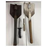 2 Folding Shovels with Ka-Bar Knife and Other