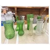 10 Vintage Glass Vases. Transparent & Green.