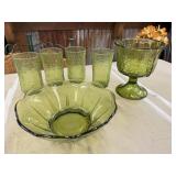 6pc Vintage Green Tea Glasses, Bowl, and Footed