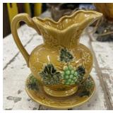 Vintage yellow ceramic pitcher and under-plate