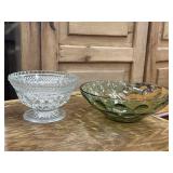 Vintage Glass Pedestal Bowl & Green Serving Dish