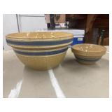 2 Yellow Blue Stripe Stoneware Bowls Ribbed
