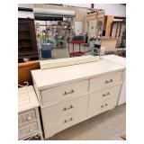 White Mid-Century Dresser with Mirror. 6 Drawers