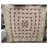 Red Triangles Vintage Handmade Quilt, Beige