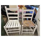 2 White Wood Ladder Back Chairs, One has a pelt