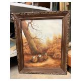 Vintage Quails Framed Oil Painting, Signed ML