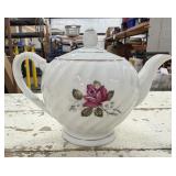 Vintage Teapot, White Swirl with Deep Pink Rose,