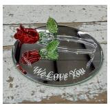 Small Blown Glass Delicate Rose on Mirrored Plate