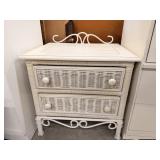 White Wicker & Metal Frame Nightstand Side Table,