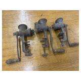 3 Vintage Hand Crank Meat Grinders