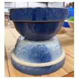 2 Blue Stoneware Crock Bowls, Vintage, Large Bowl