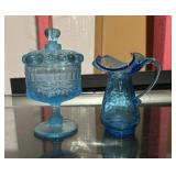 2 Blue Mosser Glass Candy Dish and Pitcher