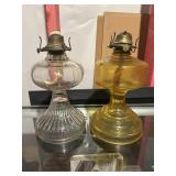 2 Vintage Glass Hurricane Oil Lamps Clear & Amber