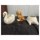 3 Vintage Animal Planters, Swan, Dog, Turtle