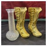 2 vintage brass Victorian-style boot vases, with