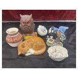 Ceramics- Orange Sleeping Cat, Owl, Blue Bird, Etc