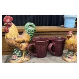 3 Vintage Ceramic Rooster Figurines And 2 Mugs