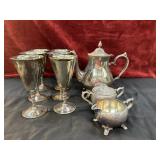 9 Pc. Vintage Silver-plate Tea set and goblets.