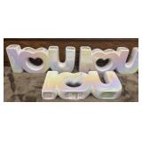 3 white iridescent ceramic 'I LOVE YOU' vases
