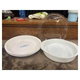 2 vintage Corning Ware and a clear pie dish