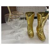 2 vintage gold gilt Victoria boot planters and 4