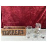 Bookers burboun wooden box, balloon glasses, and