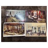 4 vintage postcards depicting interiors of