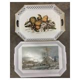 2 vintage metal serving trays feature a