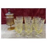 Amber glass apothecary jar, and highball glasses.
