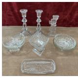 Clear pressed glass candlesticks, bowls, candy